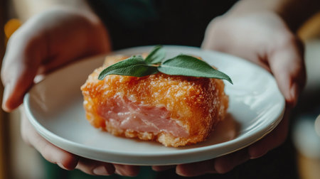 A beautifully prepared fried pork saltimbocca garnished with fresh sage, showcasing its crispy golden exterior and tender meat, perfect for gourmet dining.の素材