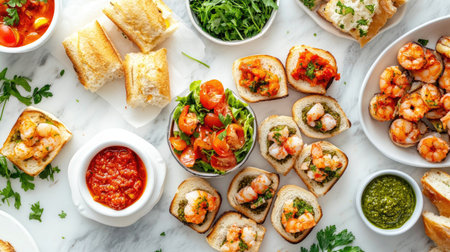 Discover a stunning cicchetti arrangement featuring shrimp, tomatoes, and fresh herbs on a beautifully styled table, perfect for gatherings or gourmet experiences.の素材