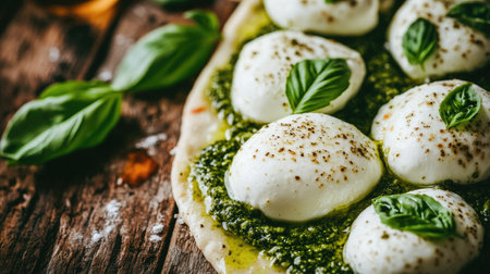 A mouthwatering Pinsa Romana topped with creamy cheese and fresh basil, showcasing vibrant colors and delicious flavors perfect for culinary enthusiasts.の素材