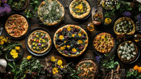 A stunning overhead shot featuring a variety of Italian focaccia bread artfully arranged with fresh herbs and colorful flowers, perfect for culinary presentations.の素材