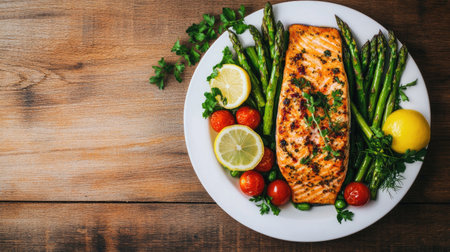 A beautifully plated fried salmon steak served with fresh asparagus, tomatoes, and lemon, showcasing vibrant colors and healthy ingredients for a delicious meal.の素材