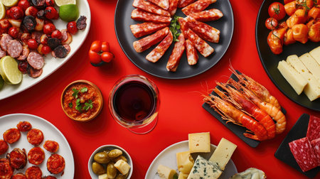 Explore a vibrant spread of Spanish pinchos and tapas, featuring a variety of delicious seafood, charcuterie, and cheese. Perfect for festive gatherings!の素材