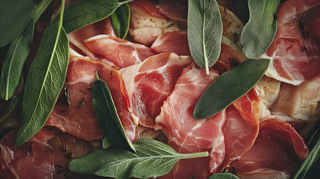This close-up shot showcases the delicious layers of saltimbocca alla Romana, featuring fresh prosciutto and sage, perfect for culinary presentation.の素材