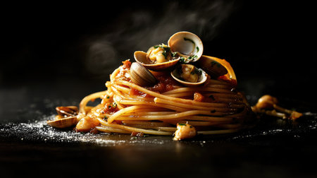 A stunning seafood pasta dish featuring clams, herbs, and aromatic details. Perfect for showcasing gourmet culinary artistry in any food photography collection.の素材