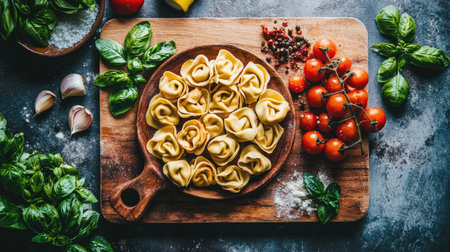 A beautiful arrangement of fresh tortellini served on a wooden board, surrounded by vibrant herbs, tomatoes, and garlic, perfect for culinary inspiration.の素材