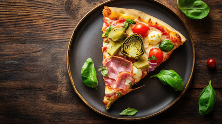A tantalizing slice of Capricciosa pizza featuring fresh ingredients like artichokes, ham, and basil, served on a rustic wooden table, perfect for any meal.の素材