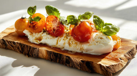 Explore a stunning close-up of a beautifully plated Caprese salad, showcasing vibrant tomatoes, fresh basil, and creamy mozzarella on a rustic wooden board.の素材