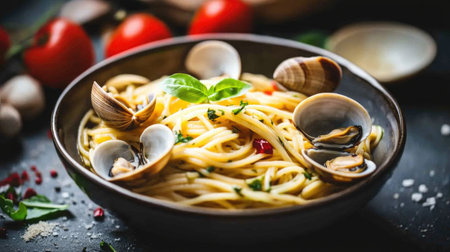 Discover a luxurious bowl of spaghetti alle vongole featuring fresh clams, herbs, and vibrant ingredients, perfect for an elegant dining experience.の素材