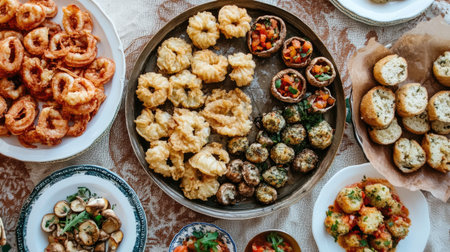 A beautiful spread of assorted cicchetti dishes laid out on a rustic table, featuring a variety of enticing appetizers perfect for sharing and enjoying.の素材