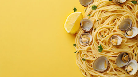A vibrant top view of spaghetti alle vongole with fresh clams and a lemon slice, perfect for showcasing delicious Italian cuisine on a yellow backdrop.の素材