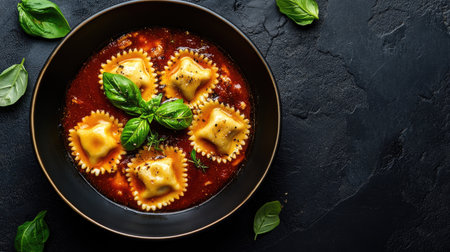 A beautiful composition of traditional meat ravioli nestled in rich tomato sauce, garnished with fresh basil leaves, offering a taste of Italian cuisine.の素材