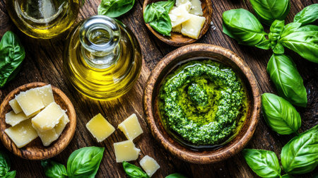 A top-down view of fresh basil, cheese, and olive oil ingredients arranged in wooden bowls, perfect for homemade pesto preparation amidst a rustic kitchen backdrop.の素材