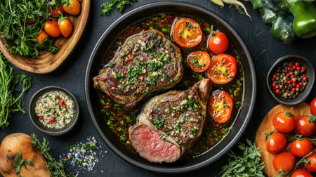 A mouthwatering presentation of braised veal ossobuco, garnished with fresh herbs and served with ripe tomatoes, showcasing rustic culinary delight.の素材
