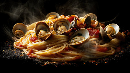 Indulge in this stunning seafood pasta dish featuring fresh clams and a rich tomato sauce, beautifully presented and steaming with flavor.の素材