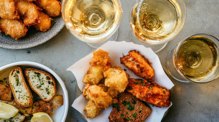 A captivating flat lay of Venetian cicchetti snacks served with white wine. Perfect for gatherings, this enticing display showcases delicious appetizers ideal for sharing and enjoying.の素材