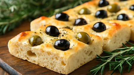This image showcases a freshly baked focaccia topped with green and black olives, highlighting a delicious combination of flavors and textures perfect for any meal or snack.の素材