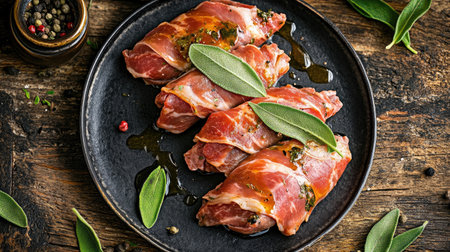 This top view image showcases a delicious Italian saltimbocca alla Romana dish, featuring thinly wrapped meat with herbs on a rustic plate, perfect for culinary enthusiasts.の素材