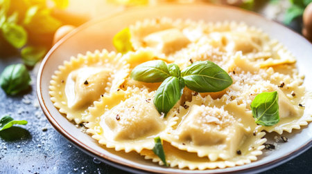 Enjoy a vibrant plate of ravioli served in a rich butter sauce, garnished with fresh basil and cheese. Perfect for a delightful meal experience.の素材