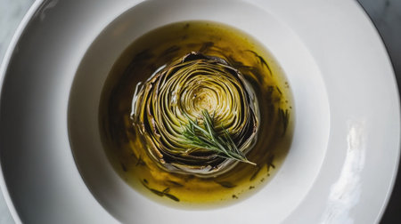A top down view of a beautifully plated artichoke drizzled with olive oil. The vibrant greens and elegant presentation make it ideal for gourmet cuisine settings.の素材