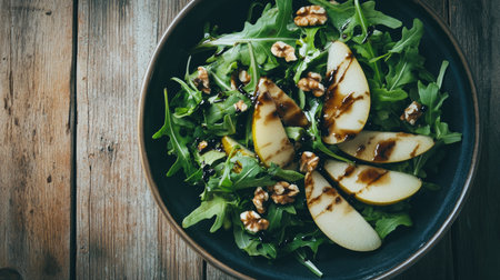 Enjoy a fresh arugula salad topped with pear slices and walnuts. This appetizing dish features vibrant colors and textures, perfect for a healthy meal.の素材