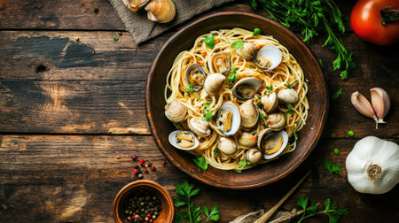 A top-down view of a rustic wooden table showcasing a delicious seafood pasta dish, featuring clams, herbs, and fresh ingredients ideal for culinary presentations.の素材