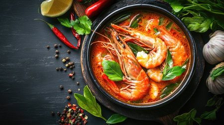 Experience the flavors of Thailand with this vibrant bowl of Tom Yum Goong soup, featuring succulent shrimp and aromatic herbs for a delightful meal.の素材
