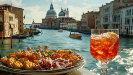 A vibrant plate of cicchetti showcases a variety of appetizers with a refreshing cocktail, set against the stunning backdrop of Veniceの素材