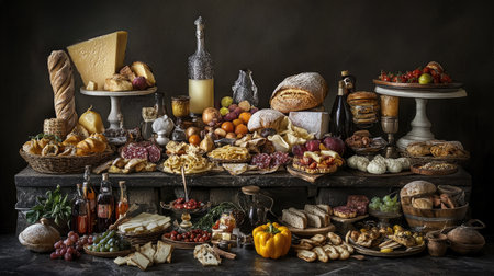 A vibrant assortment of European foods beautifully displayed on a rustic table, showcasing a variety of breads, cheeses, fruits, and wines for a gourmet feast.の素材