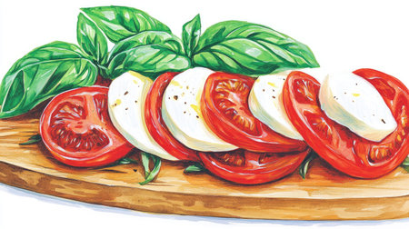 A beautifully arranged Caprese salad featuring vibrant tomatoes, creamy mozzarella, and fresh basil leaves on a wooden board, perfect for healthy dining.の素材