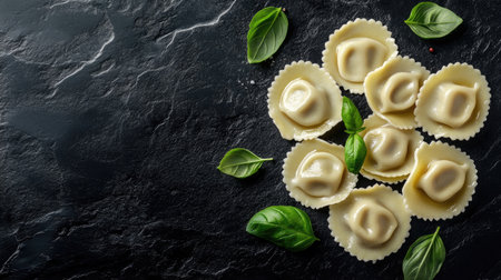 A top view of perfectly shaped Italian ravioli garnished with fresh basil leaves on a dark surface, ideal for culinary and food-related projects.の素材
