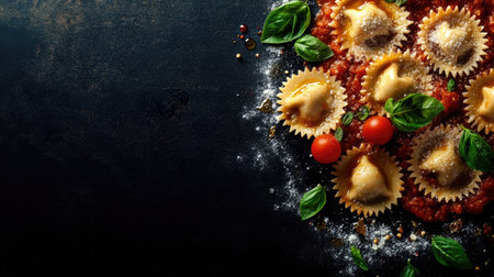 A stunning top view of ravioli served in rich tomato sauce, garnished with fresh basil and cherry tomatoes, perfect for food lovers and culinary enthusiasts.の素材