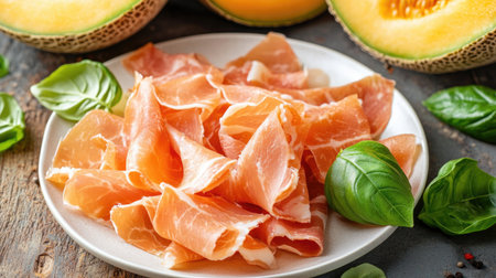 A beautiful presentation of thinly sliced prosciutto served on a plate, surrounded by fresh basil leaves and ripe cantaloupe. Perfect for gourmet meals and appetizers.の素材