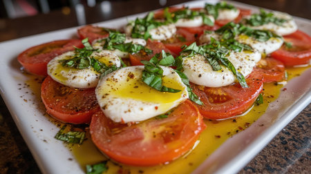 A colorful Caprese salad featuring fresh mozzarella and ripe tomatoes, drizzled with olive oil and garnished with basil for a delightful appetizer.の素材