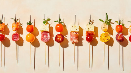 Discover an elegant display of vibrant Spanish pinchos featuring an array of ingredients on skewers, perfect for appetizers or tapas at any gathering.の素材
