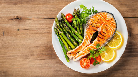An overhead shot of a delicious meal featuring salmon, asparagus, and fresh herbs on a white plate, perfect for a healthy dining experience.の素材