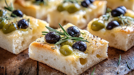 A close-up view of freshly baked olive focaccia topped with green and black olives. This delightful bread features aromatic herbs, perfect for appetizers or snacks.の素材