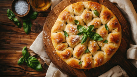 A captivating aerial view of freshly baked focaccia bread, showcasing its golden crust and herb garnishes on a rustic wooden table. Perfect for culinary inspiration.の素材
