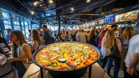 A vibrant scene showcasing a bustling food market on Portobello Road, featuring diverse culinary offerings and a lively crowd enjoying the atmosphere and flavors.の素材