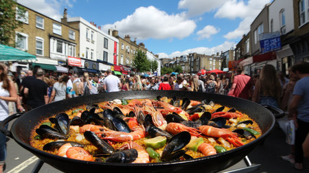 A vibrant seafood dish served in a large pan at a lively street festival, surrounded by crowds enjoying the local cuisine and festive atmosphere.の素材