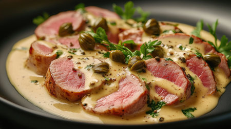 A stunning close-up capture of vitello tonnato, showcasing delicate slices of meat drizzled with creamy sauce and garnished with capers and herbs. Perfect for food lovers.の素材