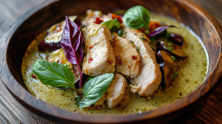 A stunning wooden plate beautifully showcasing a flavorful Thai chicken dish, complemented by fresh herbs and vibrant colors, perfect for any dining occasion.の素材