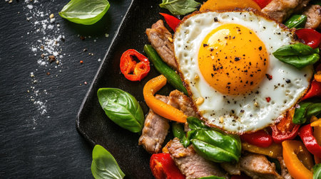 A vibrant close-up of a delicious stir-fried basil dish featuring a perfectly cooked egg and assorted colorful vegetables, ideal for culinary enthusiasts.の素材