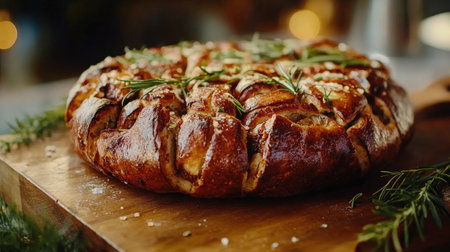 A close-up view of rustic focaccia bread topped with fresh rosemary, served beautifully on a wooden board, showcasing its rich texture and aroma.の素材