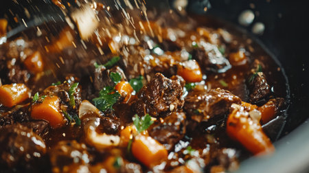 Experience the rich flavors of beef bourguignon with this close-up shot showcasing tender meat and vibrant vegetables simmering in a savory sauce.の素材