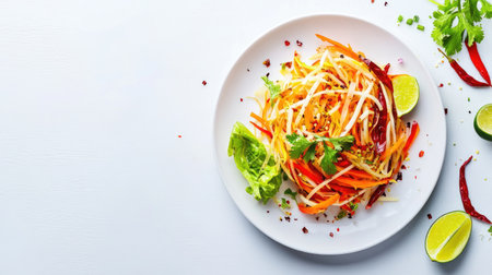 This overhead shot showcases a fresh and colorful spicy papaya salad, featuring vibrant ingredients and garnishes, perfect for a healthy meal or snack.の素材