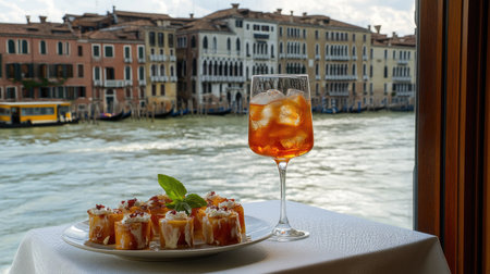 Discover an elegant arrangement of cicchetti accompanied by a refreshing cocktail, set against a beautiful waterfront view, perfect for dining experiences.の素材