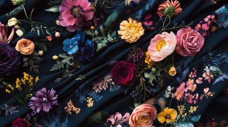 An elegant display of assorted flowers gracefully arranged on a dark fabric background, showcasing vibrant colors and intricate textures, perfect for any artistic project.の素材