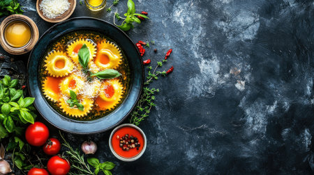 This beautifully plated ravioli dish features a rich butter sauce, complemented by fresh herbs and vibrant ingredients, perfect for gourmet dining.の素材