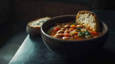 A hearty bowl of minestrone soup brimming with fresh vegetables and beans, paired with a slice of rustic bread, perfect for any comforting meal.の素材
