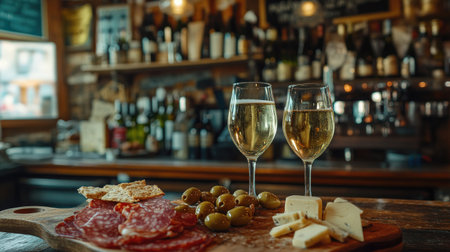 A charming snack bar scene in Venice featuring a wooden platter with delicious cheese, salami, and olives, accompanied by sparkling wine, inviting a relaxed dining experience.の素材